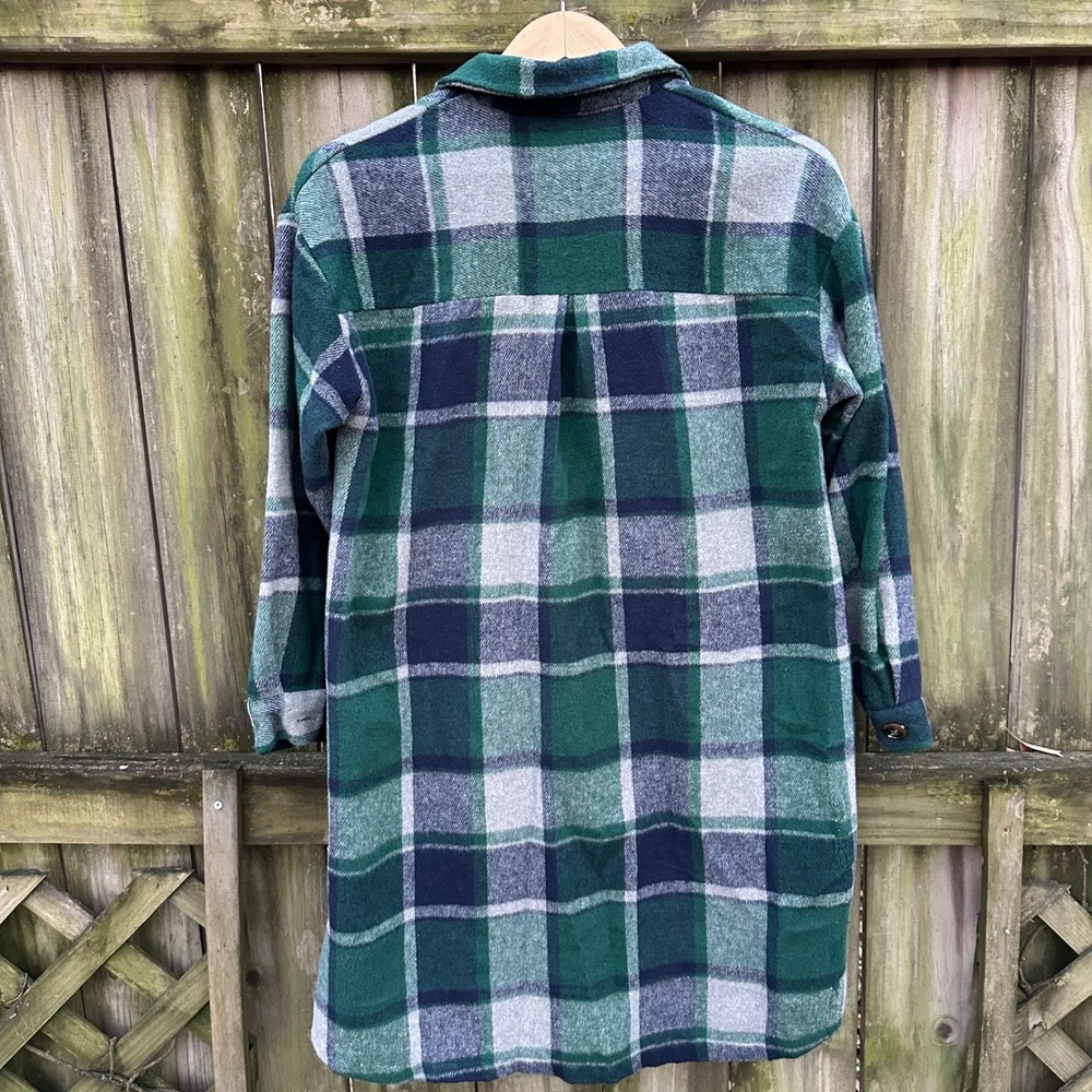 SHEIN Plaid Longline Shacket Shirt Jacket Y2K Grunge Green Navy Gray Size Small - Picture 8 of 10